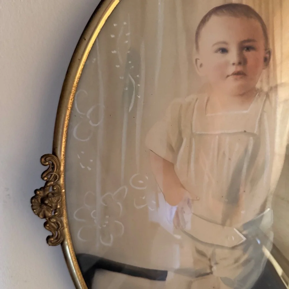 Antique Oval Bubble Glass Ornate Metal Frame Hand Colored Child Portrait Vintage